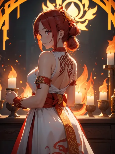 (((best quality, sharp image, clear image, cinematic lighting, 8k resolution, masterpiece, ultra detailed, intricate))) Girl, (((looking over shoulder))), shot from behind, half body shot, fire mage, cute, fiery red hair, pigtails in hair, (intricate dress...