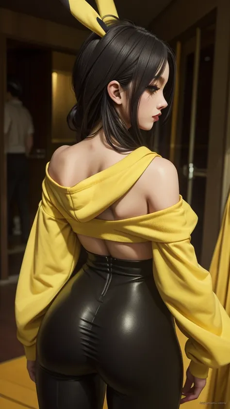 ((high detailed, best quality, 4k, masterpiece, hd:1.3)), ((best quality)), (((HD))), (((8k))), (ultraDH), (ultra HD), araffe in a yellow costume with a hoodie on, long black scene emo hair, anime girl cosplay, 🐿🍸🍋, anime cosplay, anime girl in real life, ...