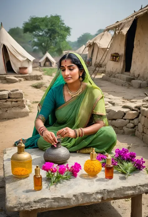 Woman in India in the year 800 making perfume with various flowers on an old stone table in the background a poor village made of tents 