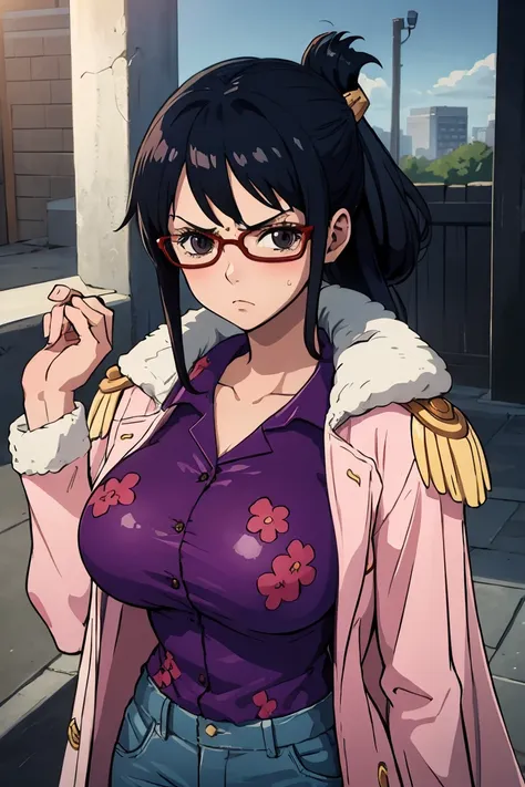 masterpiece, best quality, tashigi, black eyes, folded ponytail, glasses, pink coat, coat on shoulders, purple shirt, blue pants...