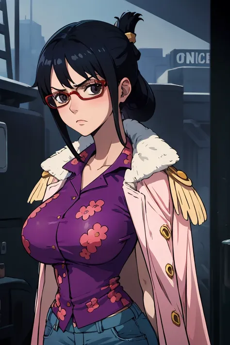 masterpiece, best quality, tashigi, black eyes, folded ponytail, glasses, pink coat, coat on shoulders, purple shirt, blue pants, upper body, looking at viewer, large breasts, serious,  big breasts,