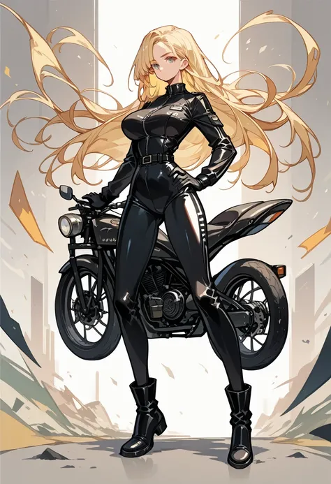 Masterpiece, best quality, Masterpiece, best quality, 1 woman, long blonde hair , Tight black leather motorcycle suit , unzipped , big breasts , abdomen , Long legs , Put your hands on your hips.. , boots , full body
