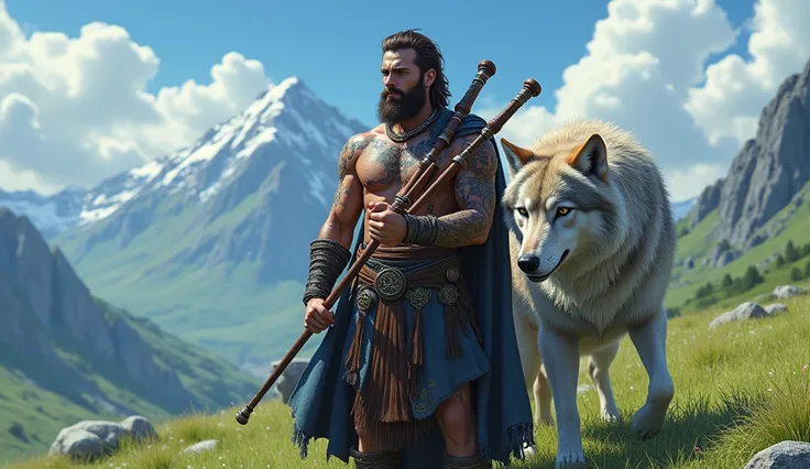 the best quality, very high resolution, detailed 4K CG anime style, Masterpiece artwork, augur, Nordic Deuses, handsome man holding bagpipes plus a wolf, rune tattoos, viking, Celtic mountains, blue sky, Norse mythology, viking rune tattoo, beautiful aesth...