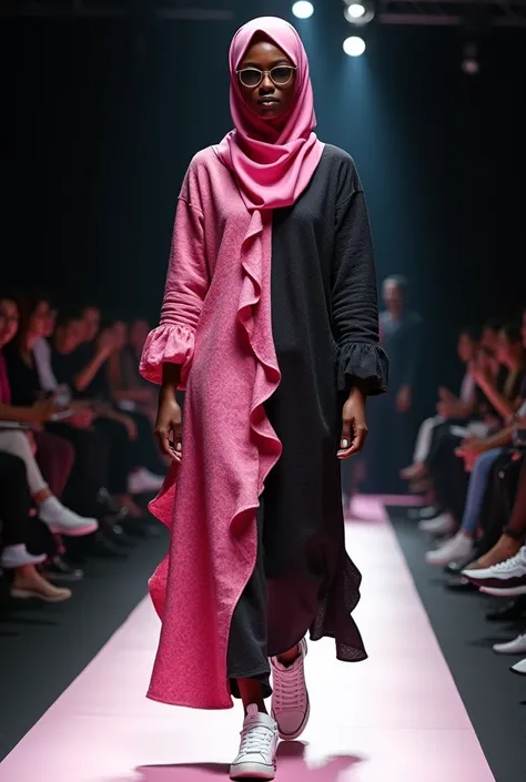 Tall black girl walking on the catwalk with glasses, stylish cotton dress for muslim women, color of clothes pink shimmering into black, with ruffles  , the silhouette does not fit the figure , the clothes are very loose and closed with patterns , The girl...