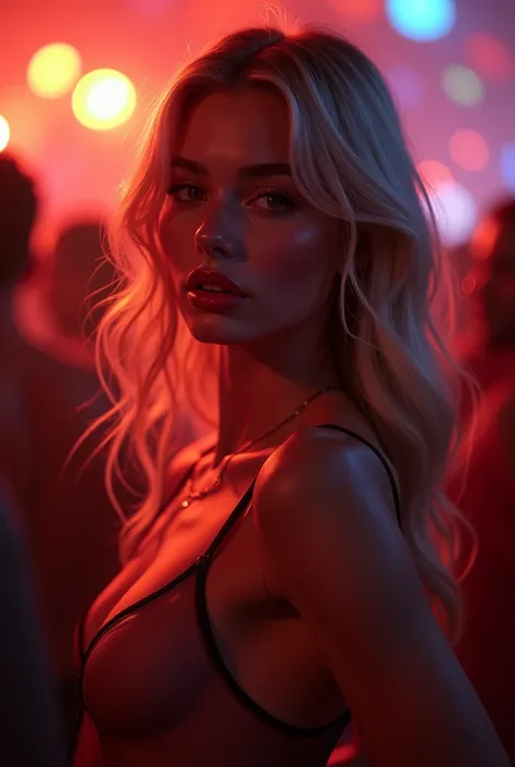 une belle fille aux longs cheveux blonds, detailed eyes, nose, and lips, sexy transparent jumpsuit, dancing in night club, lots of people around, using iphone 15, (best quality,4K,8k,high resolution,head of&#39;artwork:1.2),ultra-detailed,(realistic,photor...