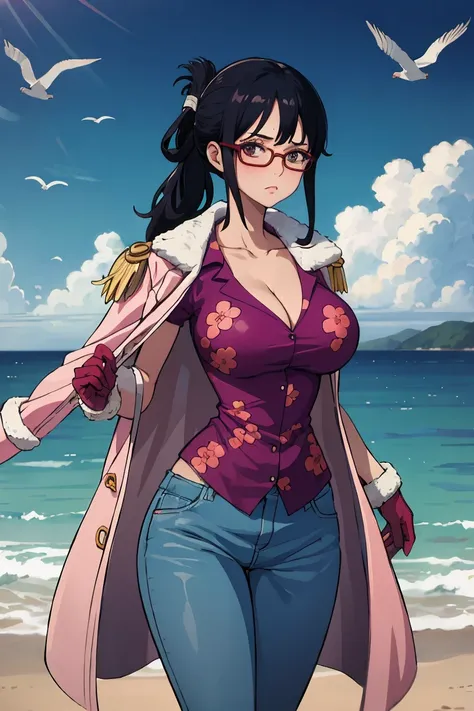 glasses, folded ponytail, pink coat, coat on shoulders, purple shirt, pink gloves, blue pants masterpiece, best quality, absurdres, ship, on deck, ocean, flying seagulls, looking at viewer, big breasts, cleavage, undressing, looking at viewer
