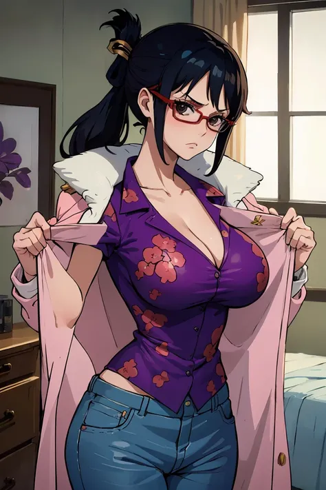 masterpiece, best quality, tashigi, black eyes, folded ponytail, glasses, pink coat, coat on shoulders, purple shirt, blue pants, upper body, looking at viewer, large breasts, serious, big breasts, cleavage, undressing, looking at viewer, room