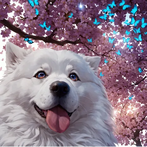 Cute anime dog with blue butterfly sitting on its nose , bigger eyes , looking at the camera