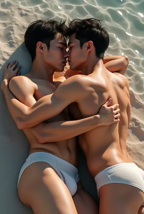 2 young muscular Asian male Korean idols , wearing underwear, big bulge, lying on his back on the beach, kissing and hugging each other passionately. 