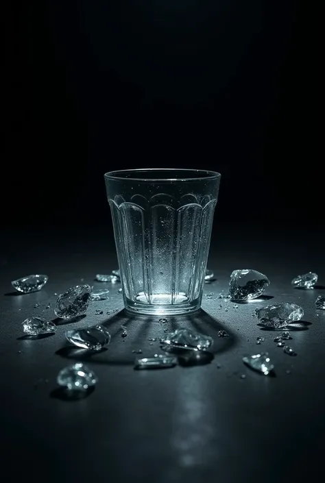 A glass cup broken into several pieces in a completely dark environment where only the shards can be seen