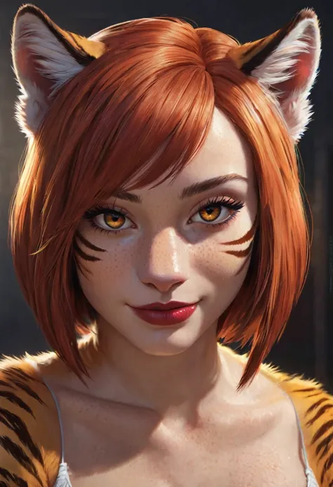 an stunning girl, beats girl, tiger girl, smile, stand alone, digital painting, digital illustration, extreme detail, digital ar...