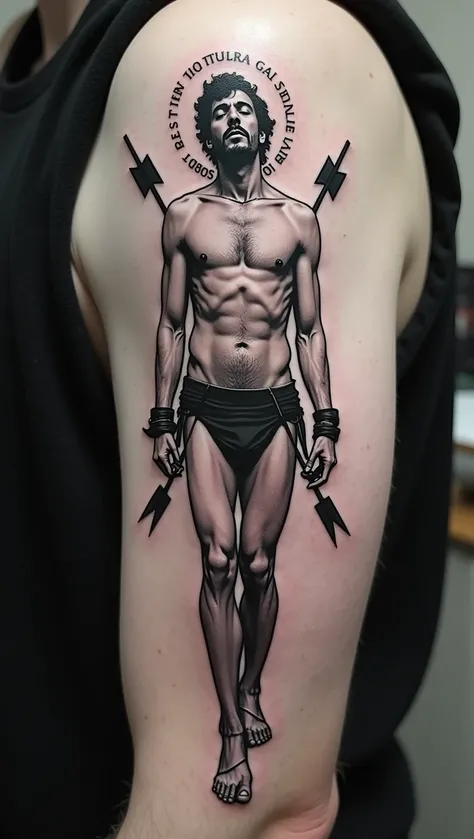 A tattoo of a gay Saint Sebastian with a halo, arrows crossed on the chest, neck, and leg, and hands tied up, in a black work and minimalist style,1 man,highly detailed tattoo,black and white,minimalist art,black work tattoo,saint sebastian,gay saint sebas...