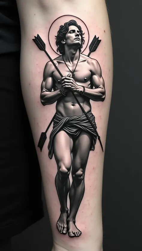 A tattoo of a gay Saint Sebastian with a halo, arrows crossed on the chest, neck, and leg, and hands tied up, in a black work and minimalist style,1 man,highly detailed tattoo,black and white,minimalist art,black work tattoo,saint sebastian,gay saint sebas...