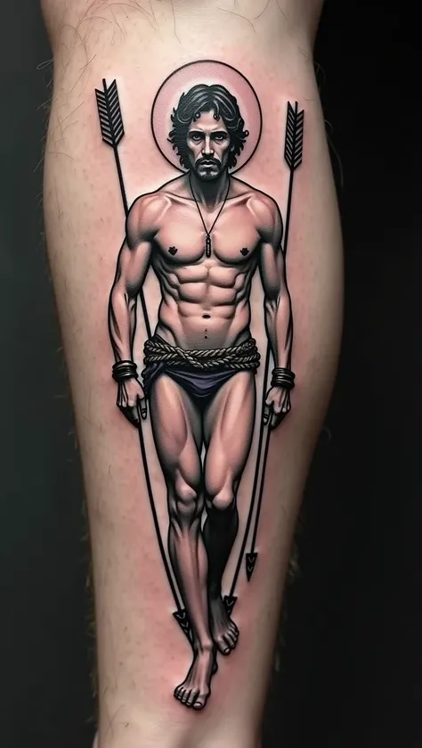 A tattoo of a gay Saint Sebastian with a halo, arrows crossed on the chest, neck, and leg, and hands tied up, in a black work and minimalist style,1 man,highly detailed tattoo,black and white,minimalist art,black work tattoo,saint sebastian,gay saint sebas...