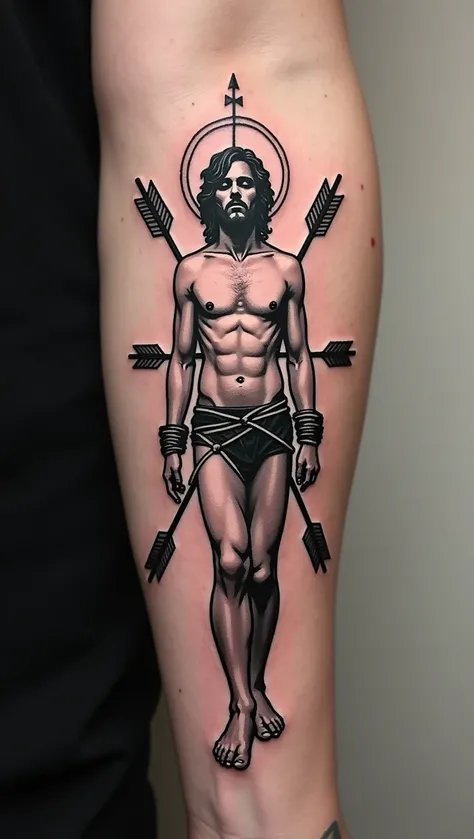 A tattoo of a gay Saint Sebastian with a halo, arrows crossed on the chest, neck, and leg, and hands tied up, in a black work and minimalist style,1 man,highly detailed tattoo,black and white,minimalist art,black work tattoo,saint sebastian,gay saint sebas...