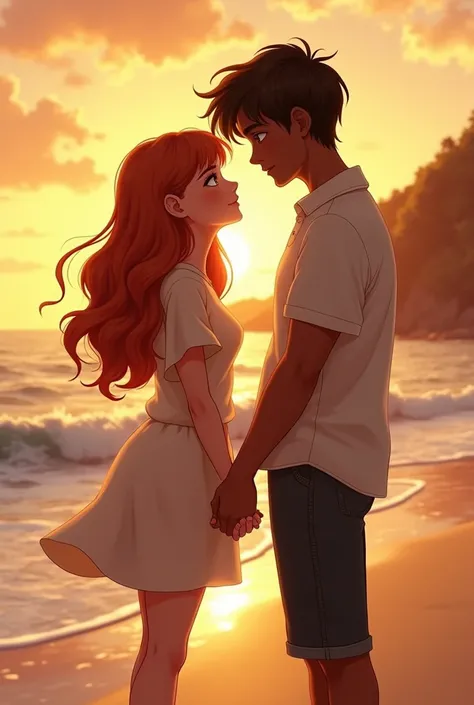 Make the image where a girl is super in love with a boy, The boy realized that he loves this girl, They are on the beach at sunset, the girl is chubby and with a wavy silhouette, and she is white, her hair is coppery, the boy is tall and smooth, stocky and...