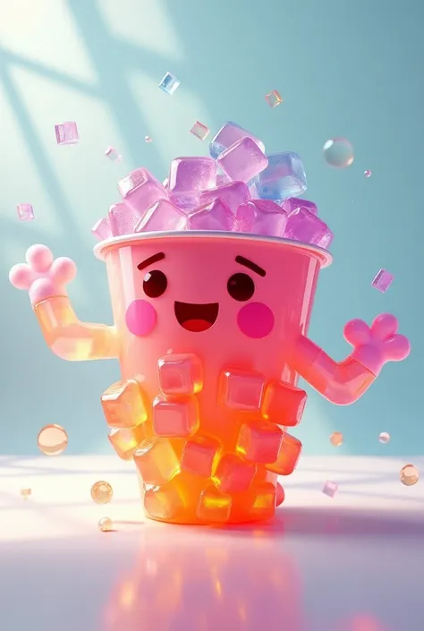 Animated disposable cup made of colored jelly cubes