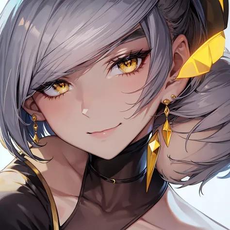 short hair, earrings, yellow eyes, Smirk, 1 girl, 