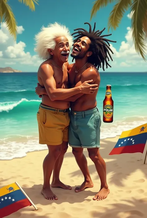 Albert Einstein Bob Marley hugging on the beach in shorts with a bottle of beer in hand that says polar and the flag of Venezuela lying on the sand 