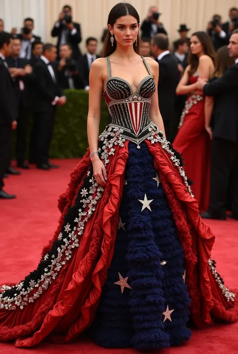 create the most perfect and iconic dress for the met gala with the theme:  "In America: A Lexicon in Fashion" 
signed by Versace, the perfect dress would be a bold and luxurious statement that celebrates the influence of American fashion, while embodying V...