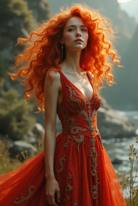 Curly redhead girl in long dress , inspired by dragons , fully body 