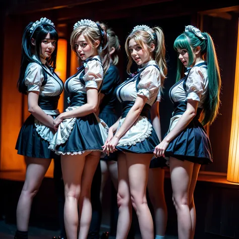 (Full Body of Extremely Detailed((Kawaii Maid Group in a row:1.37))), Childish perfect face, Reflective Eyes, Detailed(Delicate Clothing textures), Correct Leg Line, Dynamic Joyful Expressions LifeLike Rendering, Specular Reflection, TopQuality 8K Ultra-de...