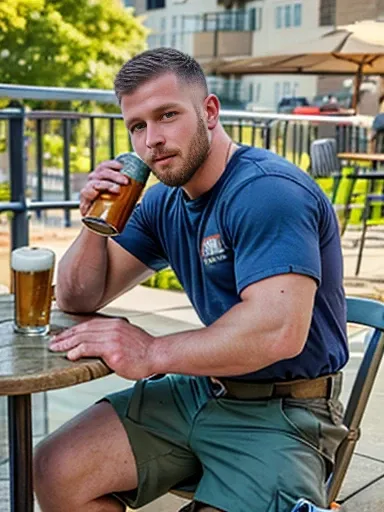 1man, scottish, lean fit, construction worker, short hair, short beard, dirty t-shirt, dirty cargo shorts, work boots, drinking ...