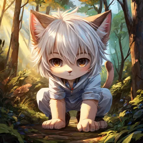 male, (cat), white hair, forest, sunlight, perfect light, furry, animal ears, tail, crouching, close up, young, alone, facing ca...