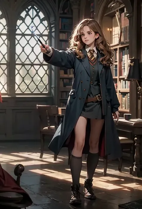 hermione granger, solo, short, bare legs, pointing magic wand, full body, hogwarts library