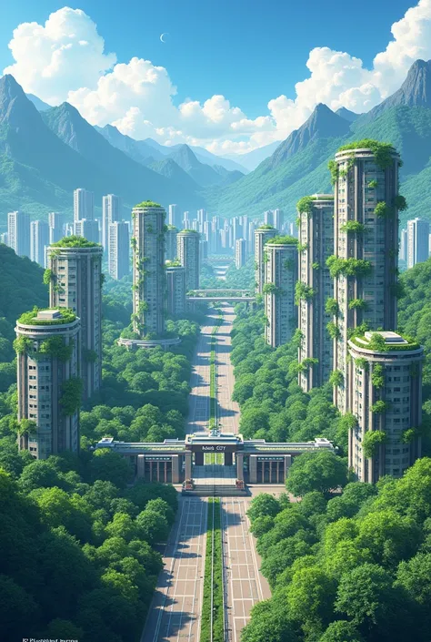 A green city with apartments and roadside train and mountains with an entrance gate marked Kaos city  and  an company named k-electronics.