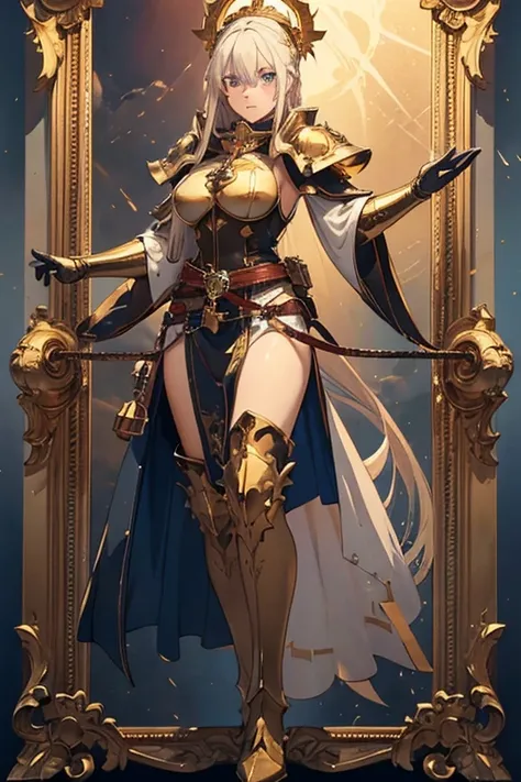 A full-body portrait of a young woman in anime style, with long, light blonde hair, framed by a white mantle adorned with golden details. She has intense blue eyes and wears a form-fitting blue armor with intricate engravings of leaves and flowers, and gol...