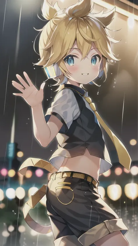 10 year old boy, kagamine len, cute, side view, over small crop top, shorts, necktie, earphone, parted lips, light blush, dancin...