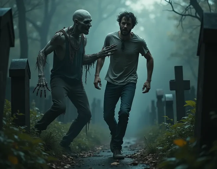 "Generates an image of a dark and spooky cemetery. In the middle, a man stands, with a panicked expression on his face. He is dressed in casual clothes, like a t-shirt and jeans, but his clothes are a little messy, as if he had been running or fighting. Hi...