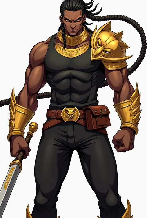 black male, braided hair, amber eyes, angry look, wearing a black tank top, wearing black pants,  wearing golden chest armor, wearing a lion&#39;s head shaped shoulder pad,  using a small leather backrest, Knights of the Zodiac style, anime styling, Full-b...