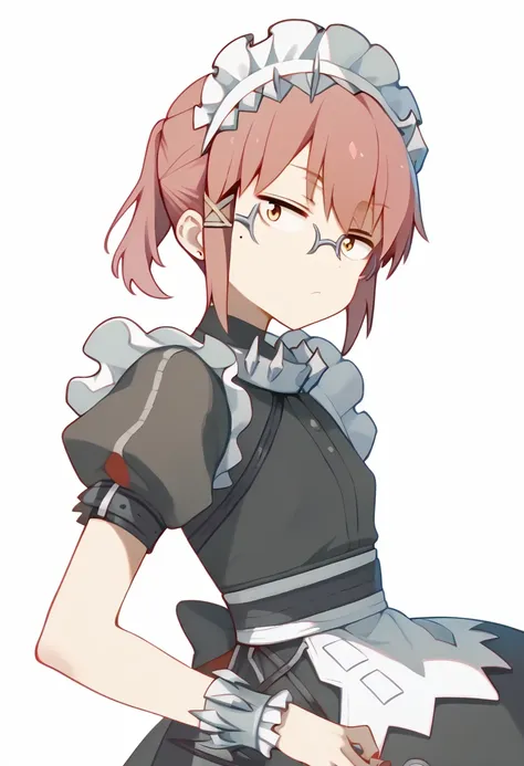 1girl,((Kobayashi, (Bust size very very small.)), (flat chest:1.2),)) ,maid_headdress,black_dress,wrist_cuffs,puffy_short_sleeves,mole_under_eye,frilled_dress,black_pantyhose, full body shot, Greeting