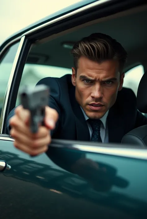 Strong young man in suit, with his head and torso out of the car window but inside the car shooting with a gun in his hand 