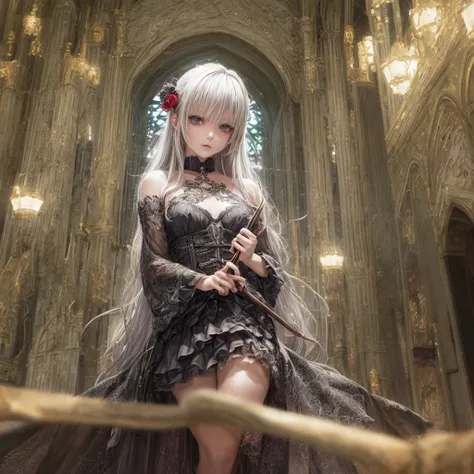 a gothic lolita girl in a majestic cathedral, beautiful detailed eyes, beautiful detailed lips, extremely detailed eyes and face...