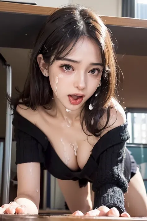 highquality,detailed,
she is a bitch teacher.
(wearing offshoulder black knit:1.3)
big breasts.cleavage,mini skirt
slender body,
high quality, detailed,(lots of white water drops on her face:1.3.lots of white water droplets on her hair:1.4)
(lots of cum on...