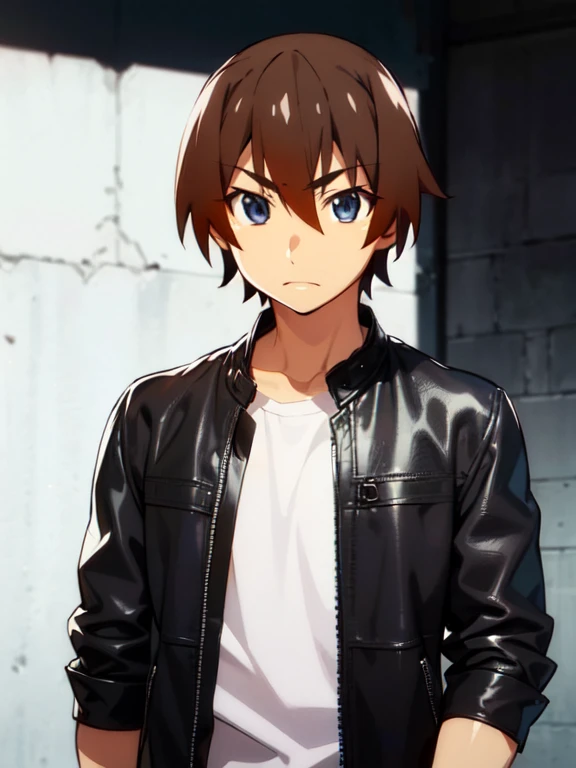 (keiichi_maehara), brown hair, blue eyes, hair between the eyes, 1 person, (black leather jacket), manly, male model, shadowy lo...