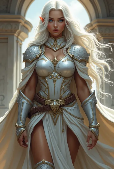 (photorealism:1.2), cleric, young woman, wearing grey light armor, light grey leathers, blue eyes, long white hair, RPG, D&d, soft lighting,  powerd pose, realistic, intricate details, warm colors, by Greg Rutkowski, by Alphonse Mucha