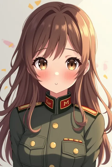 Anime blushing girl soldier with long brown hair and brown eyes without bangs.