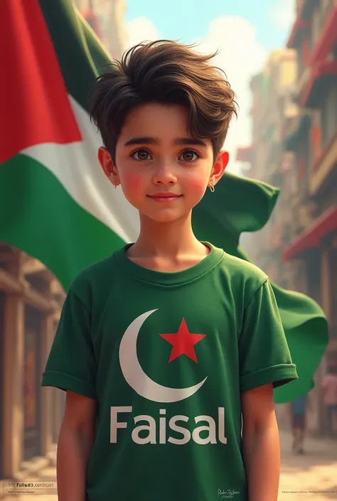 boy with in Palestine t shirt and hold Pakistani flag .  faisal name on shirt