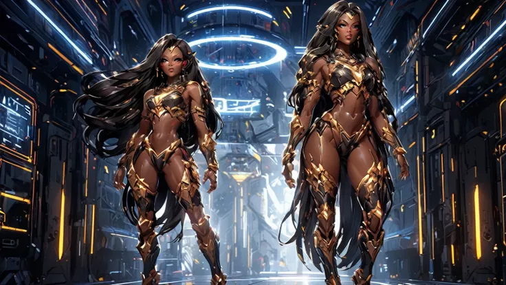 an image of a video game splash screen, first descendant style, full body portrait of a ((dark-skinned beautiful african woman: ...