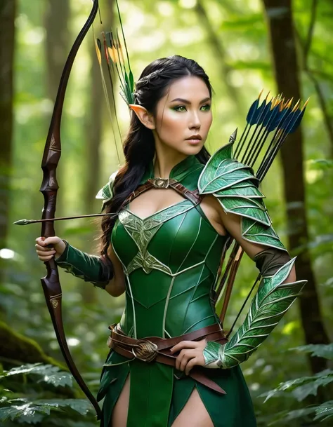 Sexy asian woman, hugr breasts, brunette,
archer elf woman , big boobs, standing gracefully in a lush forest. pointed ears. Her piercing green eyes are focused and determined. She wears an intricately designed leather armor with leaf motifs, emphasizing he...