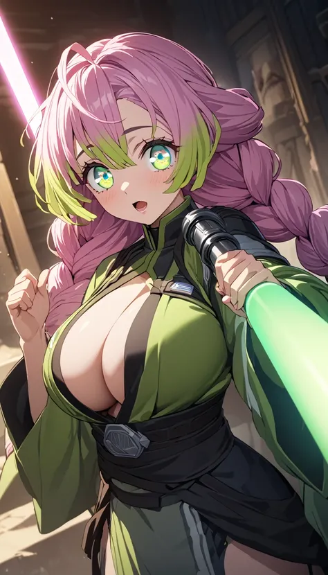 Mitsuri Kanroji, multicolor fur, pink with green tips, 2 large braids, (green eyes:1.5), (big breasts:1.2), open mouth,
wearing star wars style clothes, green jedi clothing, He has a green lightsaber in his hand resting looking at the viewer, (cowboy shot:...