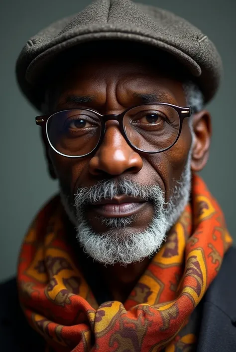 Make a black man with a shirt of the making, scarf, thin white beard cap, and eyeglasses