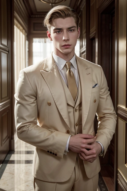 1950 context, a pale-skinned man, gold eyes, Robust and strong, with an air of security, He has a distinguished appearance that is reinforced by his way of dressing., Always elegant