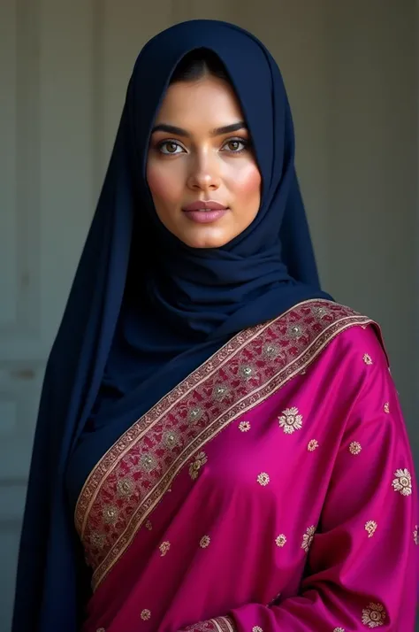 A woman wearing magenta saree with golden work and navy blue hijab