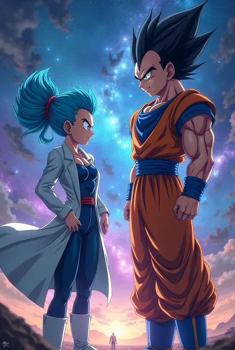 bulma and vegetta in a space background