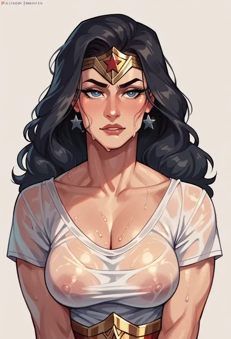 wonder woman, sweaty, wearing a transparent white blouse, tight blouse, tight-fitting blouse, sweaty blouse,  on her face
